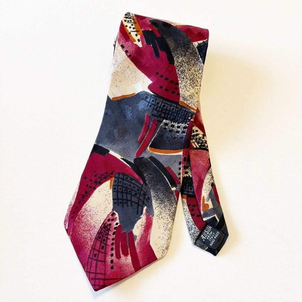 Contissima  Neck Tie 100% Silk Handmade In Italy Red Blue Tan Abstract
